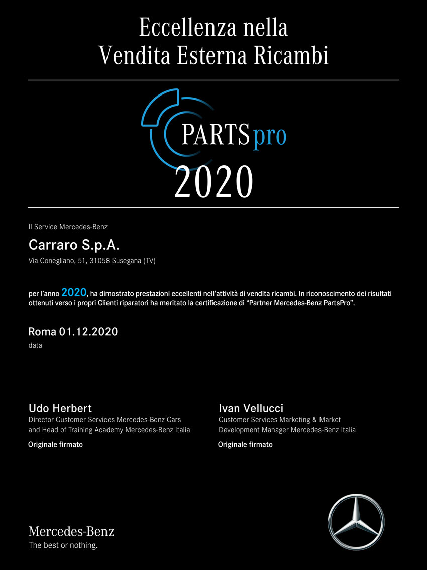 Con grande soddisfazione Carraro S.p.A. comunica di aver ricevuto la Certificazione PartsPro per i risultati ottenuti nel 2020.